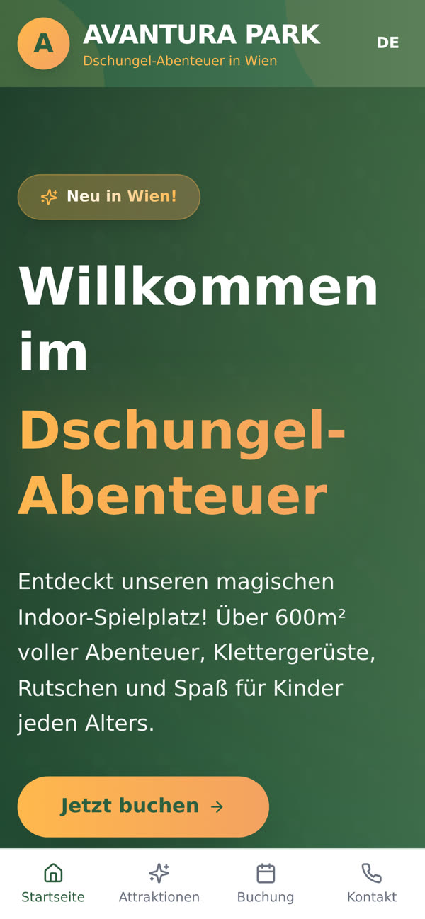 avanturapark.at auf dem Smartphone mit Navigationsleiste unten